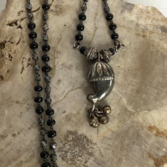 Oxidized Sterling Silver 925 Ethnic Black Rosary Beaded Bell Pendant Necklace